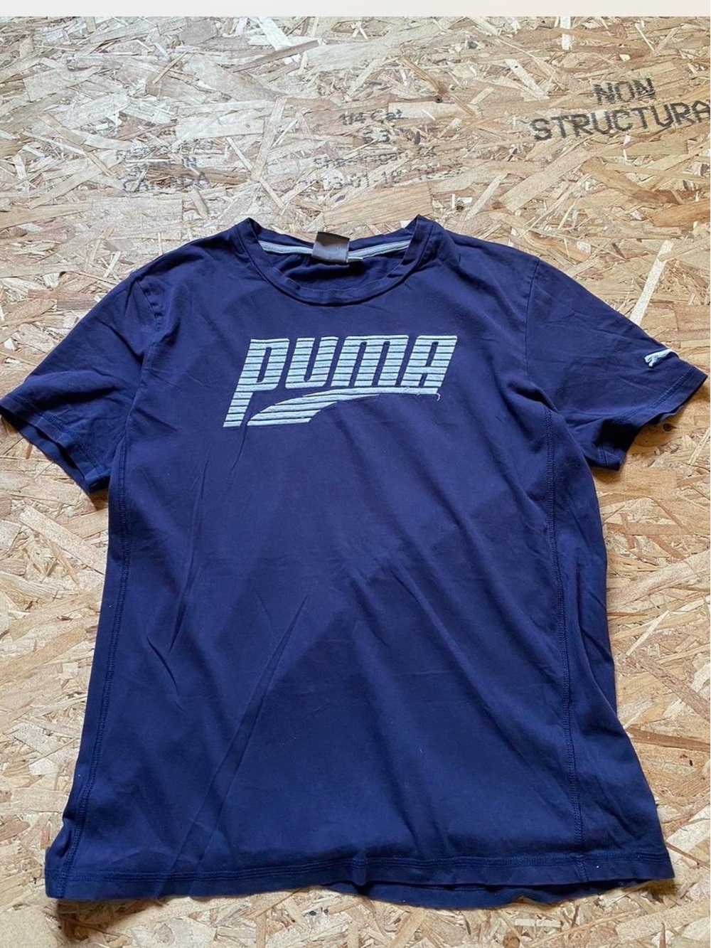Puma Navy Short-Sleeve Tee with Grey Striped Logo